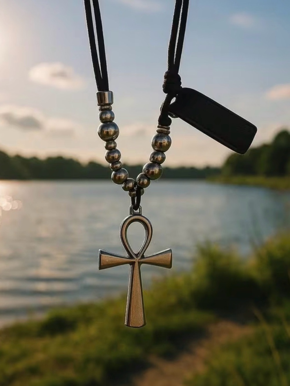 Black Leather Cord Necklace with Silver Ankh and Bead Accents